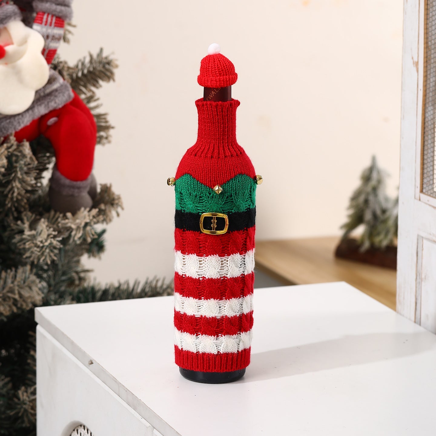 🌟🎄Christmas Wine Bottle Covers Set🎀 – 🎅🏻Santa & 𐂂Reindeer Knitted Sweater Sleeves, Cute Holiday Champagne Bottle Decorations🔔Elastic cotton thread, suitable for most wine bottles