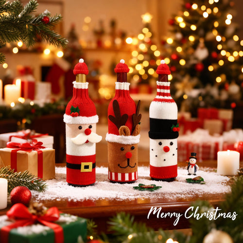 🌟🎄Christmas Wine Bottle Covers Set🎀 – 🎅🏻Santa & 𐂂Reindeer Knitted Sweater Sleeves, Cute Holiday Champagne Bottle Decorations🔔Elastic cotton thread, suitable for most wine bottles