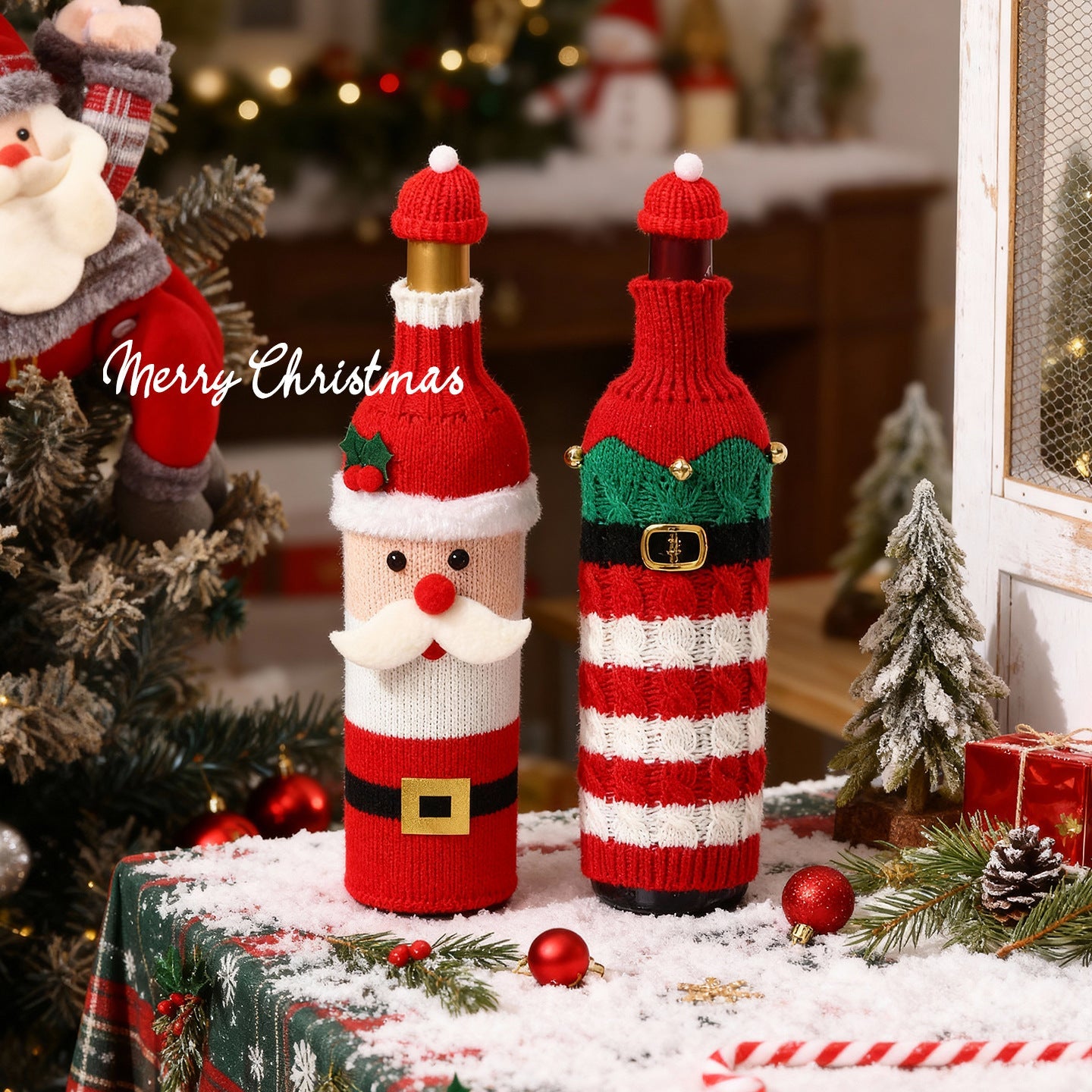 🌟🎄Christmas Wine Bottle Covers Set🎀 – 🎅🏻Santa & 𐂂Reindeer Knitted Sweater Sleeves, Cute Holiday Champagne Bottle Decorations🔔Elastic cotton thread, suitable for most wine bottles