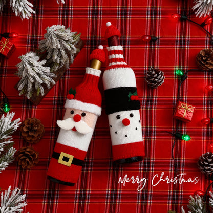 🌟🎄Christmas Wine Bottle Covers Set🎀 – 🎅🏻Santa & 𐂂Reindeer Knitted Sweater Sleeves, Cute Holiday Champagne Bottle Decorations🔔Elastic cotton thread, suitable for most wine bottles