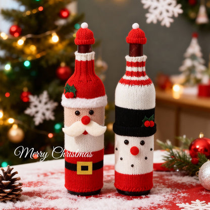 🌟🎄Christmas Wine Bottle Covers Set🎀 – 🎅🏻Santa & 𐂂Reindeer Knitted Sweater Sleeves, Cute Holiday Champagne Bottle Decorations🔔Elastic cotton thread, suitable for most wine bottles