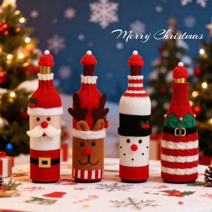 🌟🎄Christmas Wine Bottle Covers Set🎀 – 🎅🏻Santa & 𐂂Reindeer Knitted Sweater Sleeves, Cute Holiday Champagne Bottle Decorations🔔Elastic cotton thread, suitable for most wine bottles