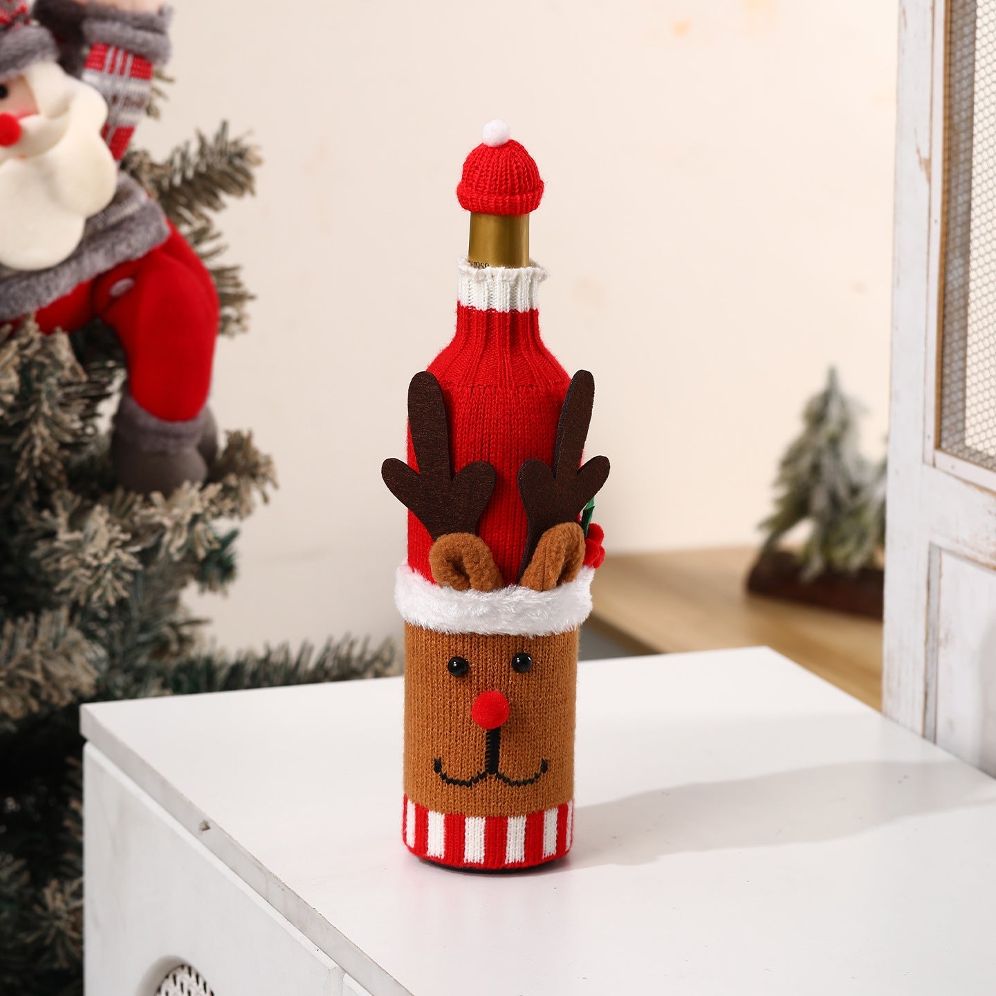🌟🎄Christmas Wine Bottle Covers Set🎀 – 🎅🏻Santa & 𐂂Reindeer Knitted Sweater Sleeves, Cute Holiday Champagne Bottle Decorations🔔Elastic cotton thread, suitable for most wine bottles