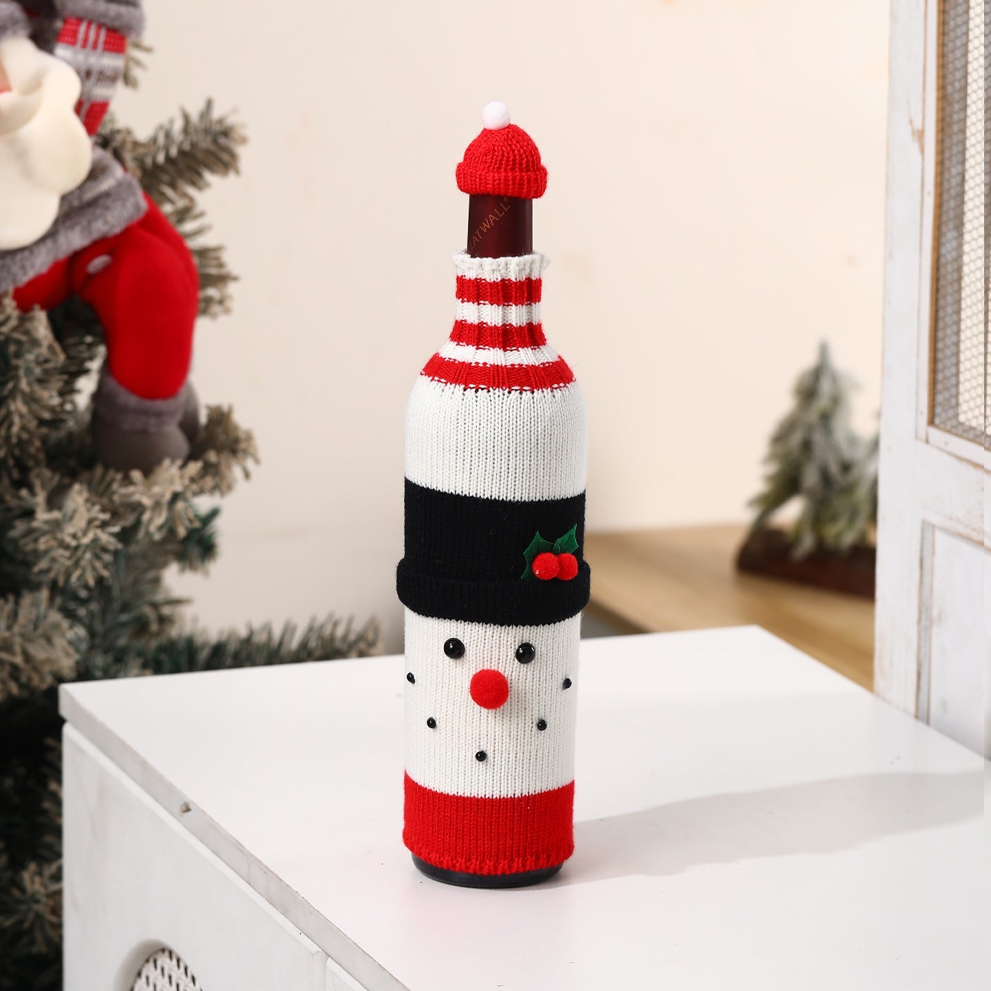 🌟🎄Christmas Wine Bottle Covers Set🎀 – 🎅🏻Santa & 𐂂Reindeer Knitted Sweater Sleeves, Cute Holiday Champagne Bottle Decorations🔔Elastic cotton thread, suitable for most wine bottles